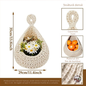 Coș de fructe croșetat manual, suspensie cu plasă, cuib de pasăre, formă de picătură