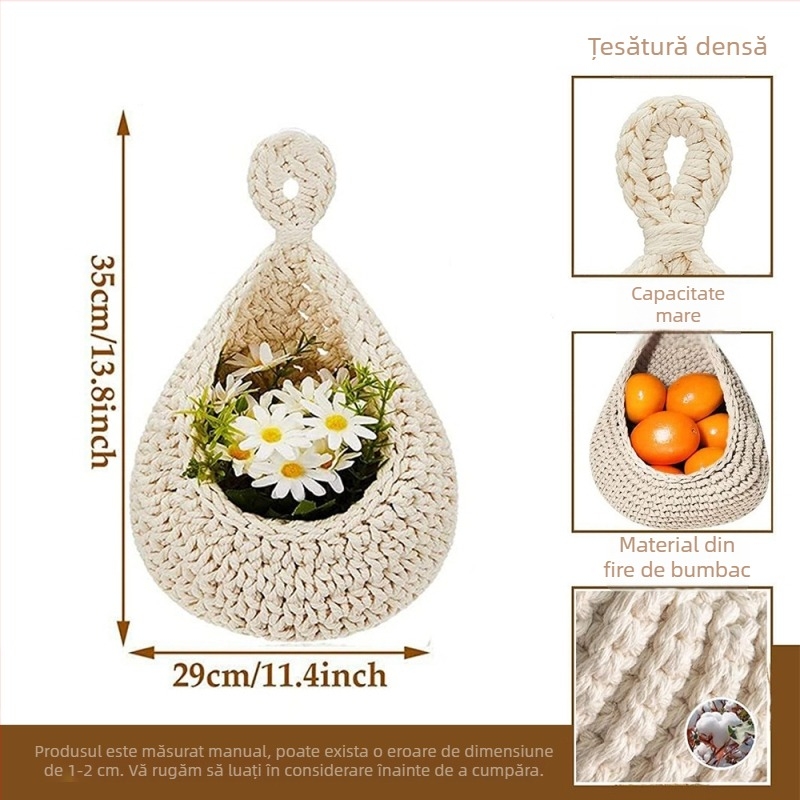 Coș de fructe croșetat manual, suspensie cu plasă, cuib de pasăre, formă de picătură