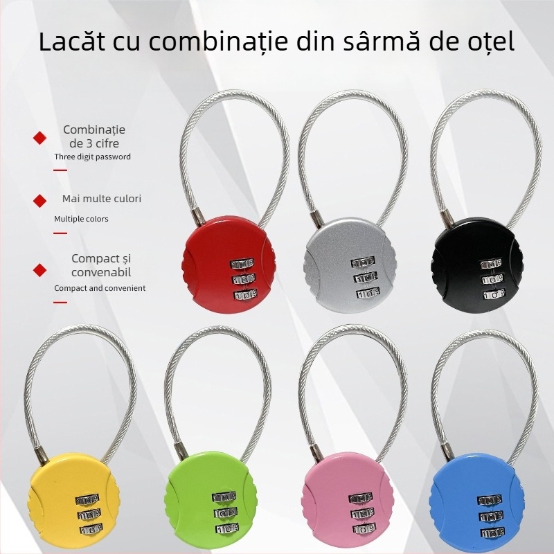 Lacăt în formă de biscuit pentru genți, ghiozdane și bagaje cu roți; lacăt cu cablu din oțel în formă de U cu mecanism de combinație; lacăt mini cu cod pentru penar