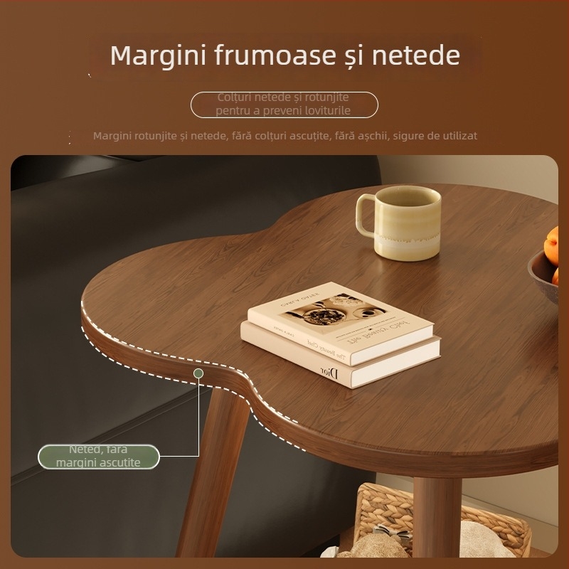 Măsuță laterală cu două etaje pentru canapea, cu colțuri rotunde, design modern minimalist pentru living, cu spațiu de depozitare