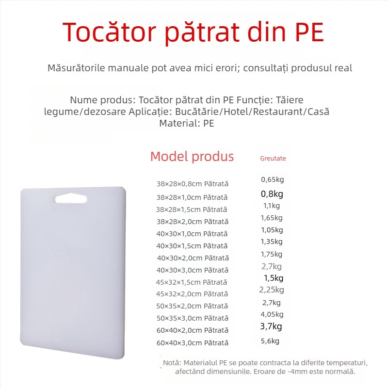 Tocător PE cu suprafață antiderapantă, pentru bucătărie – pentru aluat, fructe și carne