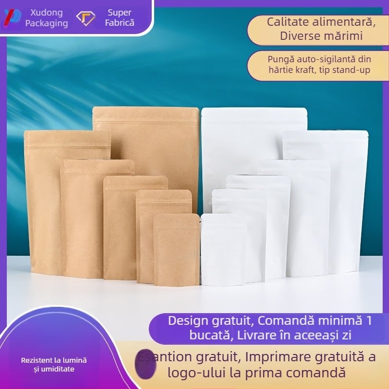 Pungă albă din kraft cu acoperire din aluminiu, stand-up, închidere cu fermoar, ambalare pentru alimente, sigilare vid pentru ceai și jerky de vită