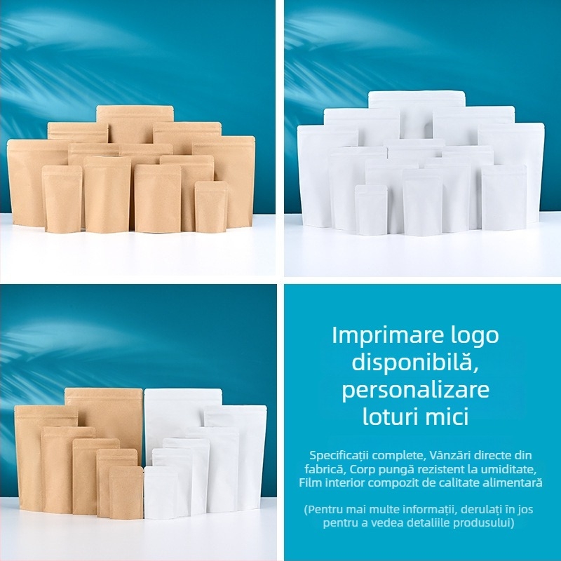 Pungă albă din kraft cu acoperire din aluminiu, stand-up, închidere cu fermoar, ambalare pentru alimente, sigilare vid pentru ceai și jerky de vită