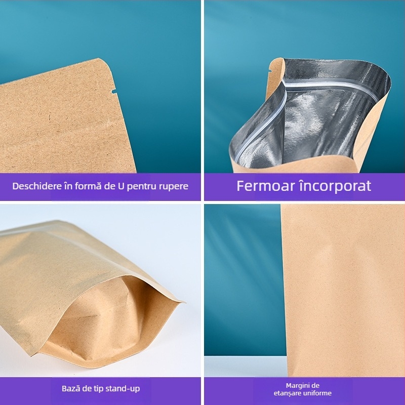 Pungă albă din kraft cu acoperire din aluminiu, stand-up, închidere cu fermoar, ambalare pentru alimente, sigilare vid pentru ceai și jerky de vită