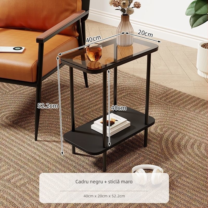 Masă de cafea ultra-îngustă, blat din sticlă, cu spațiu de depozitare, design în stil luxos ușor