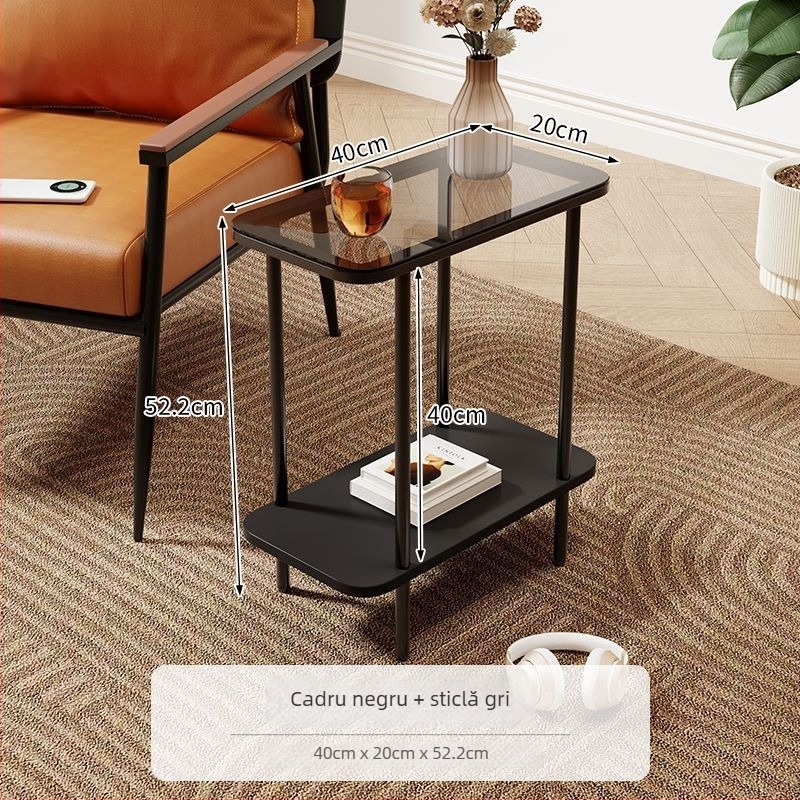 Masă de cafea ultra-îngustă, blat din sticlă, cu spațiu de depozitare, design în stil luxos ușor
