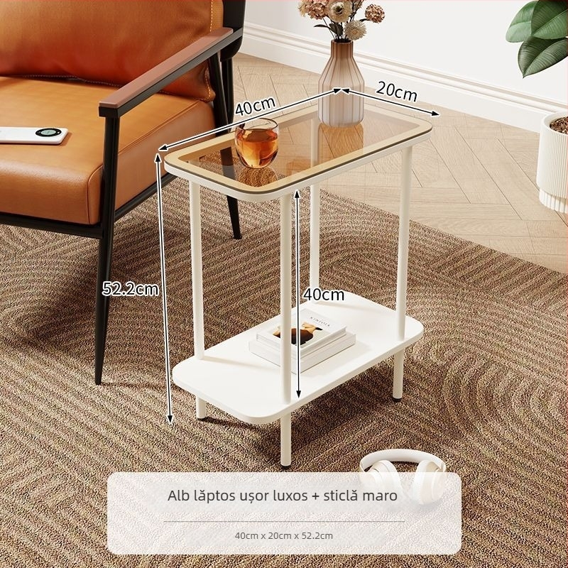 Masă de cafea ultra-îngustă, blat din sticlă, cu spațiu de depozitare, design în stil luxos ușor