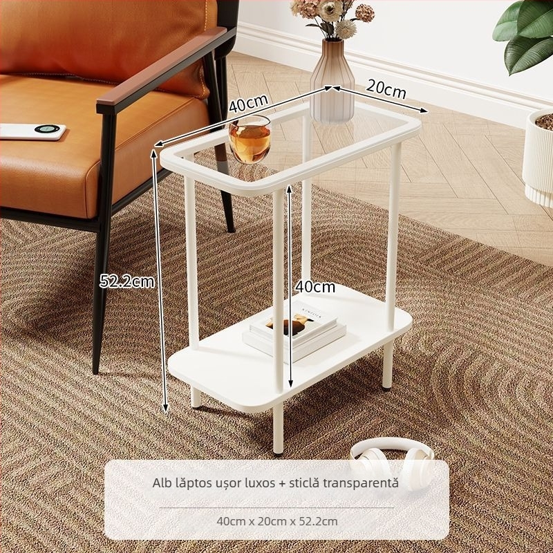 Masă de cafea ultra-îngustă, blat din sticlă, cu spațiu de depozitare, design în stil luxos ușor