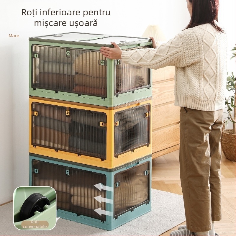 Cutie transparentă din plastic pentru depozitare în uz casnic, organizator pliabil pentru garderobă pentru haine, jucării și cărți, 80 L, cu roți