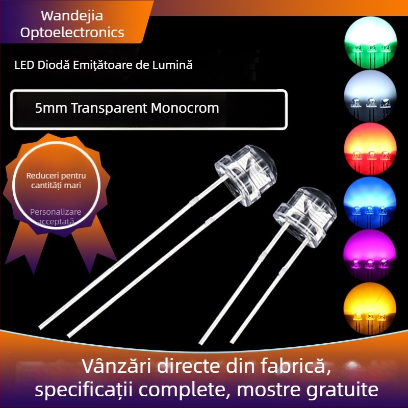 Perle LED de 5 mm, în formă de pălărie din paie, lumină albă, carcasă transparentă, montaj prin găuri, înaltă luminozitate; variante de culoare: roșu, verde, albastru, galben, portocaliu, alb