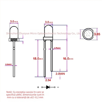 Indicator LED cu conectare directă, LED roșu 3mm, înaltă luminozitate, F3