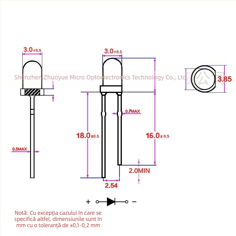 Indicator LED cu conectare directă, LED roșu 3mm, înaltă luminozitate, F3