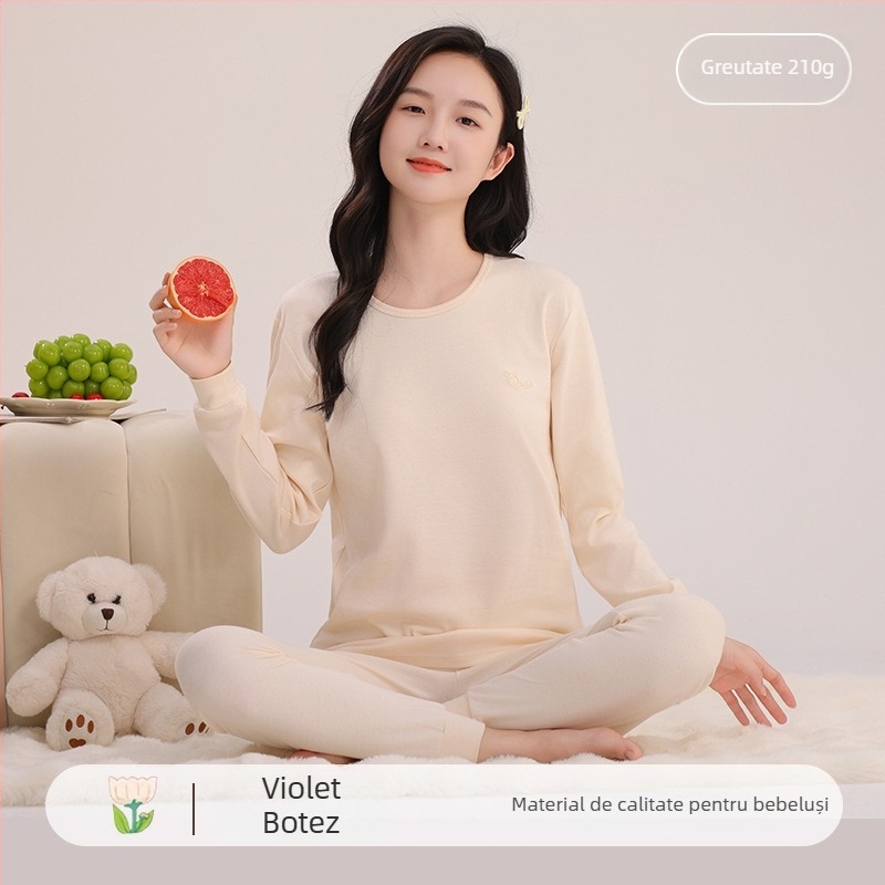 Set de pijamale pentru fete, din bumbac 100%, pentru toamnă și iarnă, culoare naturală, top și pantaloni.