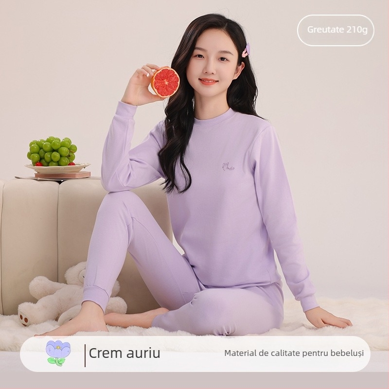Set de pijamale pentru fete, din bumbac 100%, pentru toamnă și iarnă, culoare naturală, top și pantaloni.