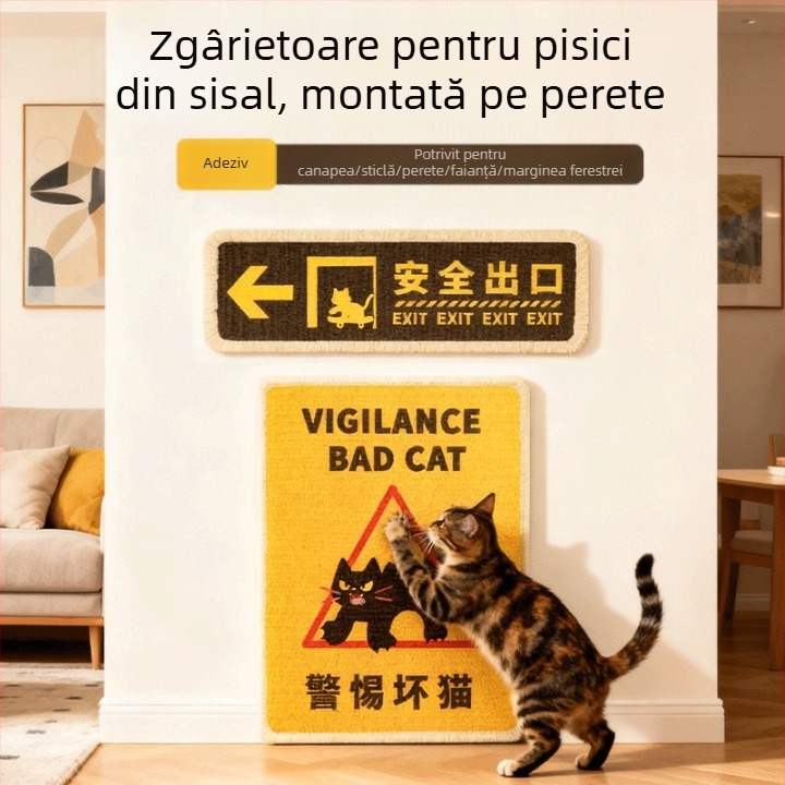 Noua placă de zgâriere pentru pisici din sisal, montaj vertical pe perete, semn de avertizare, durabilă, fără scămoșare