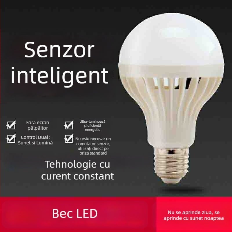 Bec LED cu bază E27, control vocal și de lumină, senzor de mișcare pentru hol, economie de energie, uz casnic