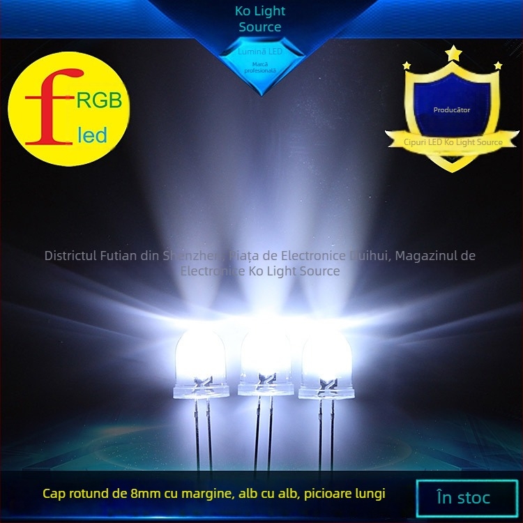 LED cu cap rotund de 8 mm, margine transparentă, lumină albă 6500–7000K, picioare lungi, conectare directă