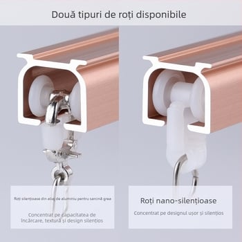Şină de perdeu din aliaj de aluminiu cu două şine, montaj superior silenţios, tip cârlig, rulmenți telescopici pentru perdele