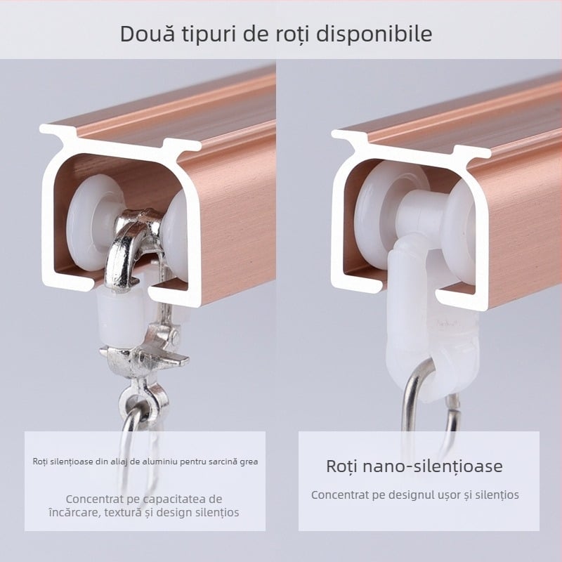 Şină de perdeu din aliaj de aluminiu cu două şine, montaj superior silenţios, tip cârlig, rulmenți telescopici pentru perdele