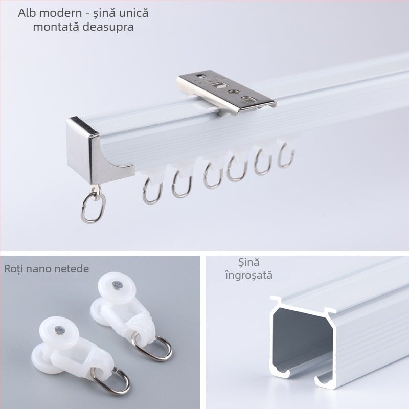 Şină de perdeu din aliaj de aluminiu cu două şine, montaj superior silenţios, tip cârlig, rulmenți telescopici pentru perdele