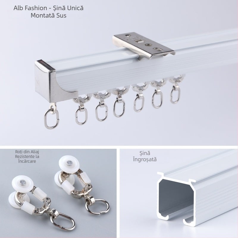 Şină de perdeu din aliaj de aluminiu cu două şine, montaj superior silenţios, tip cârlig, rulmenți telescopici pentru perdele