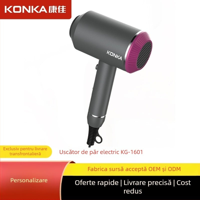 Konka KG-1601 uscător de păr cu ioni negativi și temperatură constantă, 3 trepte de viteză, motor fără perii, 1500–1999 W, cu duze concentrator și difuzor.