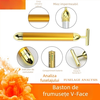 Băț de masaj electric din aur 24K, tip T, pentru fața în formă de V, lifting facial