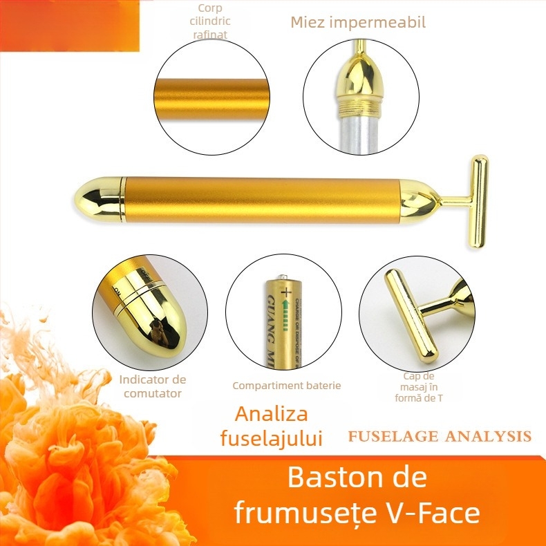 Băț de masaj electric din aur 24K, tip T, pentru fața în formă de V, lifting facial