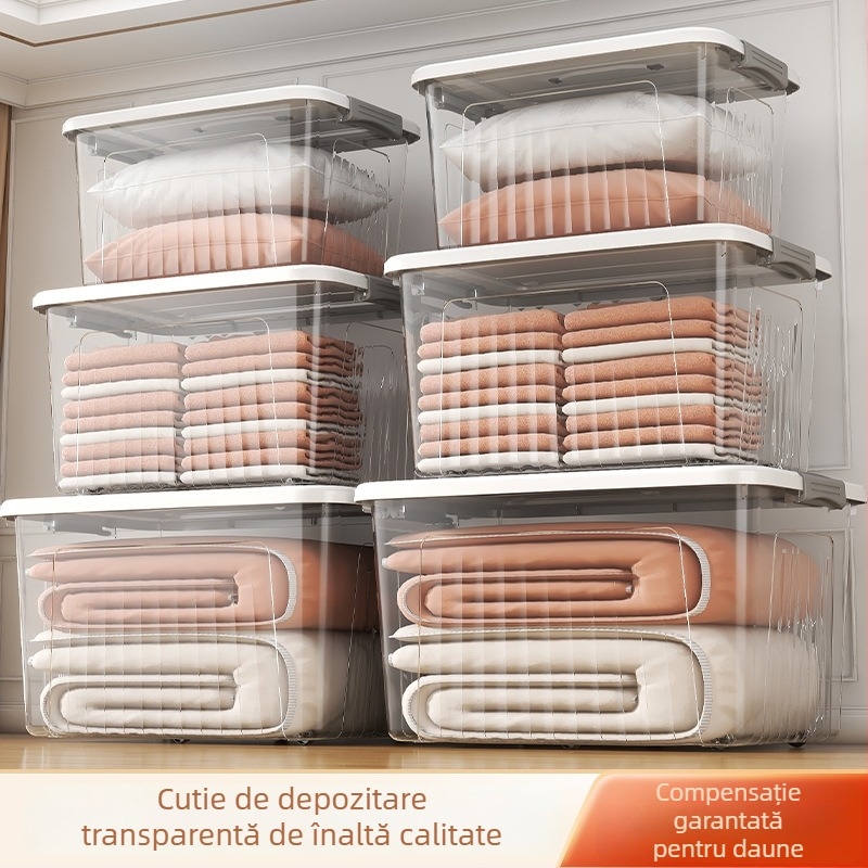 Cutie transparentă de depozitare pentru haine și jucării, capacitate mare, cu roți, din plastic PP