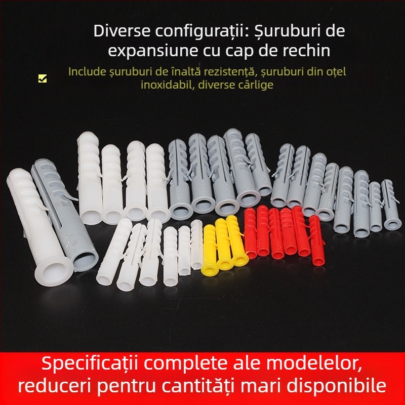 Țevi de expansiune din plastic și dopuri de expansiune din nailon cu șuruburi, dimensiuni 6×30, 8×40, 10×50, 12×60, 14×75.