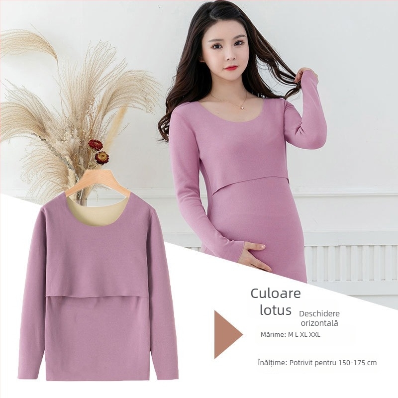 Top de maternitate termic, fără cusături, cu fleece, pentru alăptare după naștere, mâneci lungi
