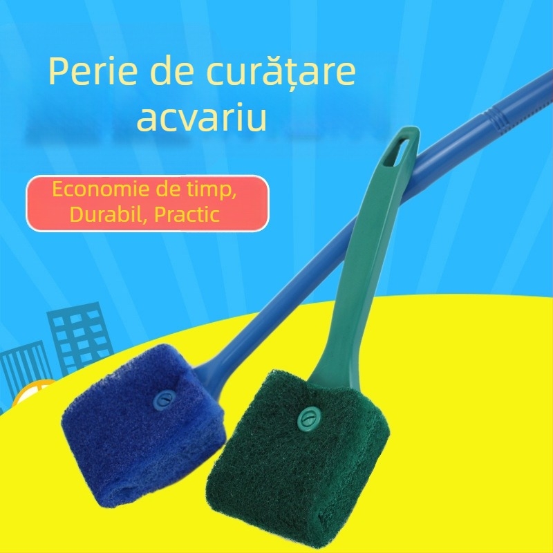 Perie pentru sticla acvariu, mâner lung, cu două fețe, dimensiune mică, unealtă pentru îndepărtarea algelor