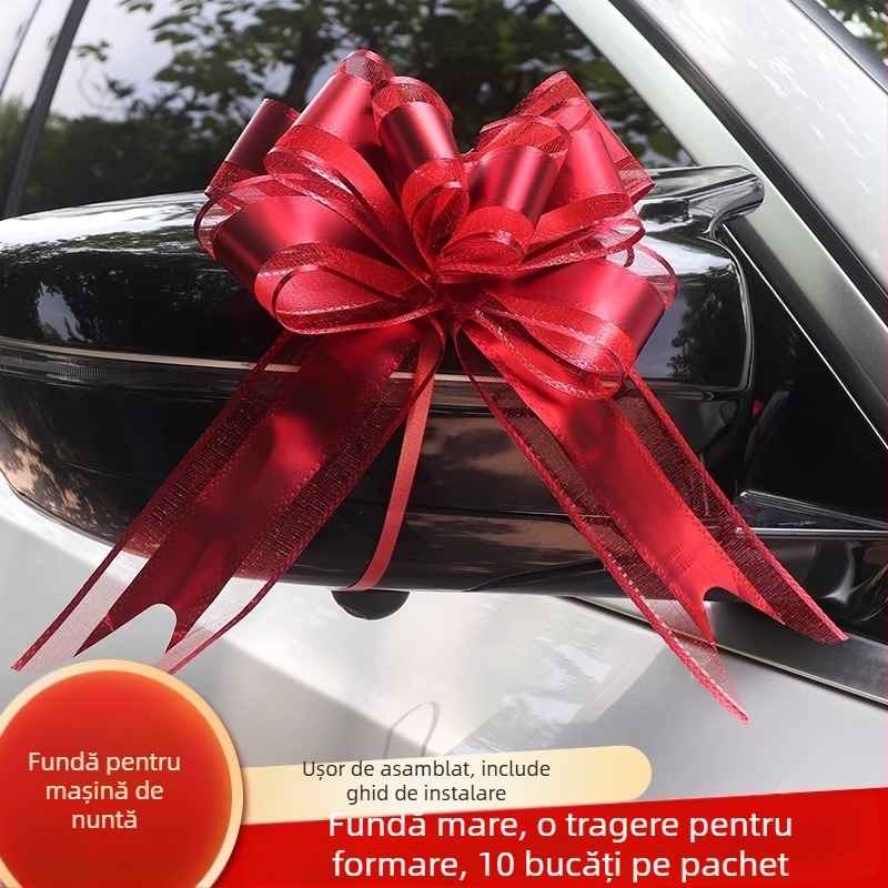 Fundă mare mată pentru mașina de nuntă – decor pentru mânerul ușii, panglică și floare în nuanță latte
