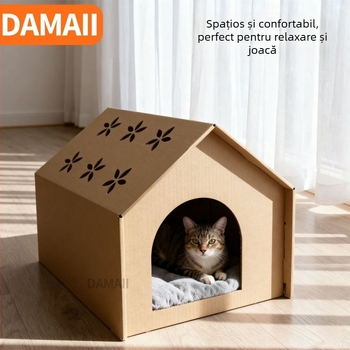 Casă pentru pisici și placă de zgâriere din carton ondulat, mare, închisă, respirabilă