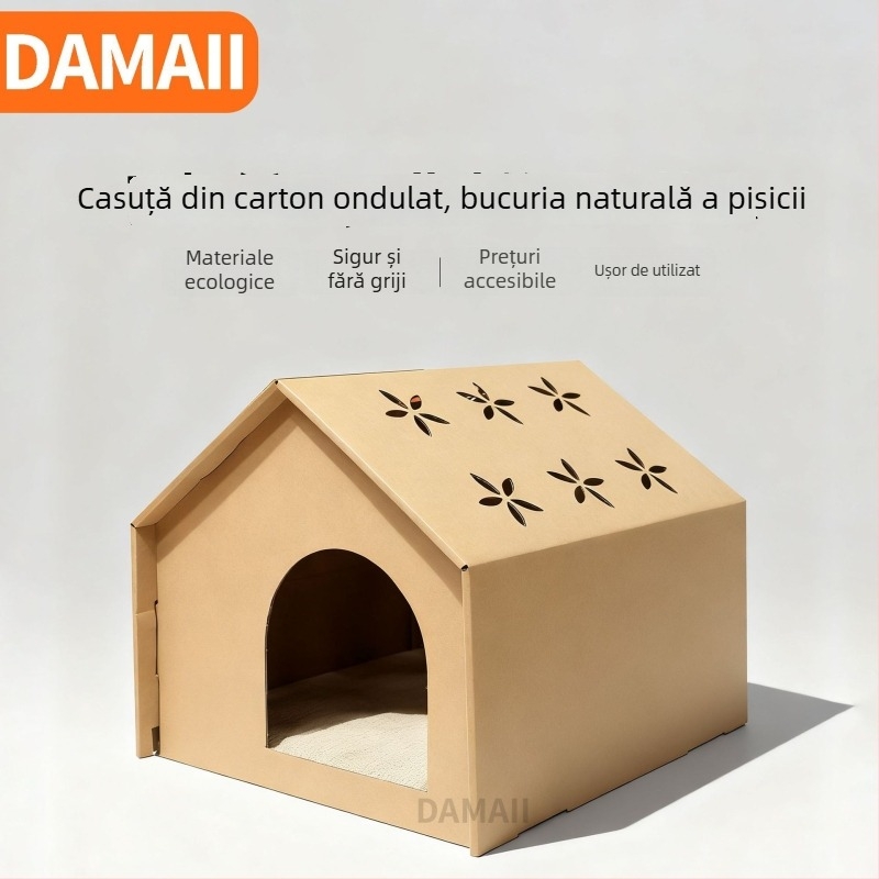 Casă pentru pisici și placă de zgâriere din carton ondulat, mare, închisă, respirabilă
