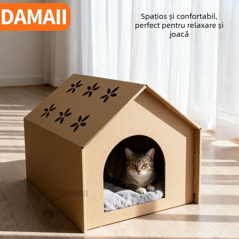 Casă pentru pisici și placă de zgâriere din carton ondulat, mare, închisă, respirabilă
