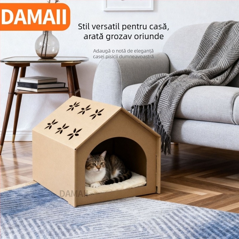 Casă pentru pisici și placă de zgâriere din carton ondulat, mare, închisă, respirabilă