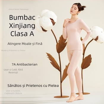 Set de lenjerie termică pentru femei, toamnă, 95% bumbac, antibacterian 7A, top cu guler rotund și pantaloni termici
