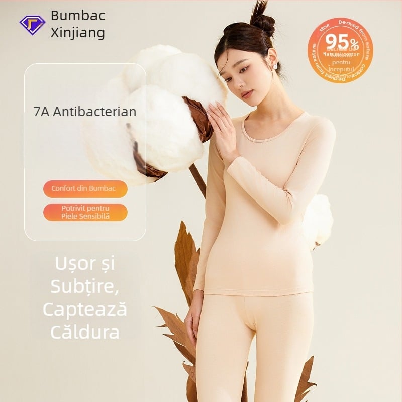 Set de lenjerie termică pentru femei, toamnă, 95% bumbac, antibacterian 7A, top cu guler rotund și pantaloni termici