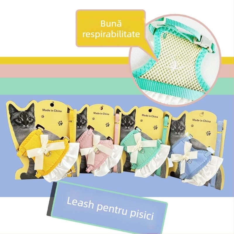 Ham pentru pisici cu funda, protecție a pieptului respirabilă, lesă anti-evadare pentru pisici adulte și pisicuți