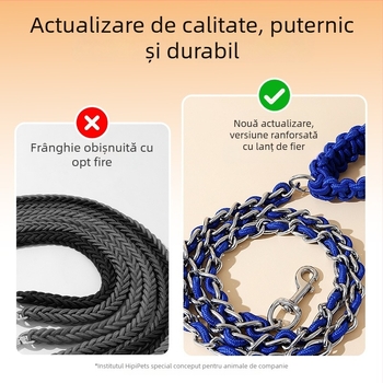Lesă din nylon împletit, cu lanț P și zgardă din lanț metalic pentru câini de talie medie și mare (Golden Retriever, Border Collie)