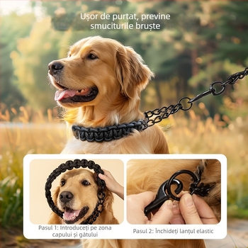 Lesă din nylon împletit, cu lanț P și zgardă din lanț metalic pentru câini de talie medie și mare (Golden Retriever, Border Collie)