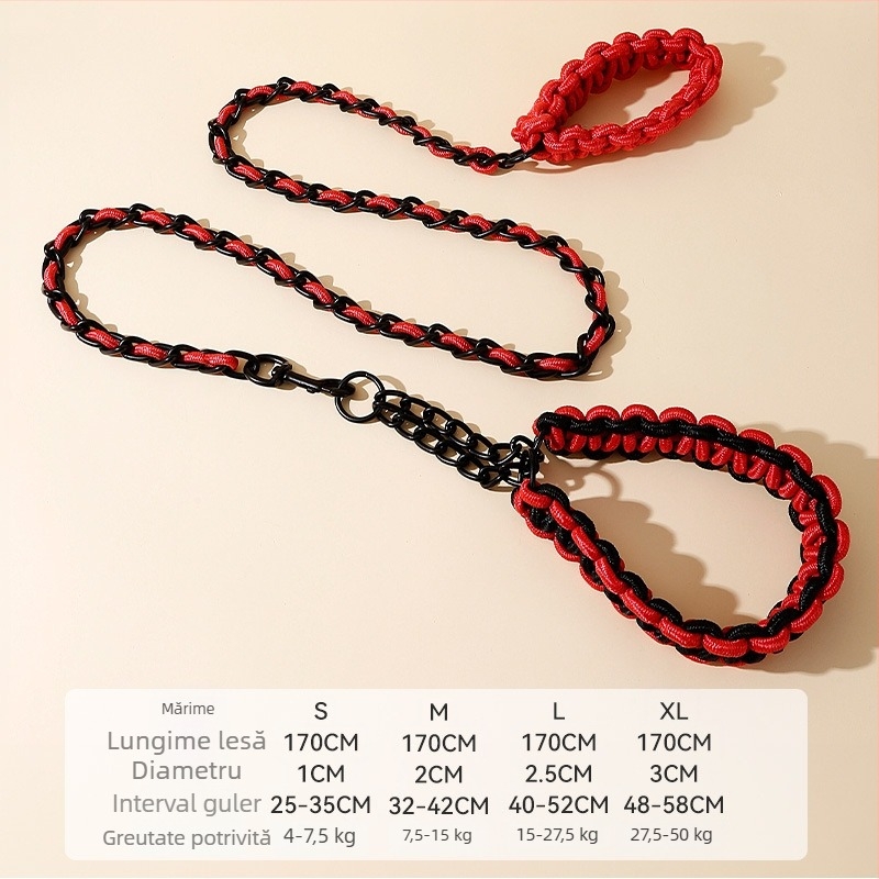 Lesă din nylon împletit, cu lanț P și zgardă din lanț metalic pentru câini de talie medie și mare (Golden Retriever, Border Collie)
