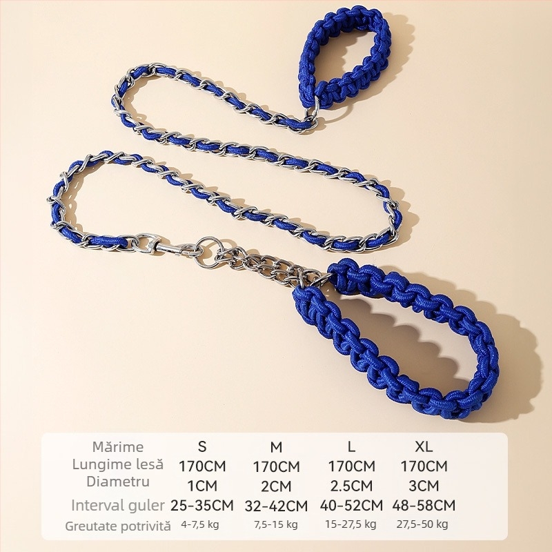 Lesă din nylon împletit, cu lanț P și zgardă din lanț metalic pentru câini de talie medie și mare (Golden Retriever, Border Collie)