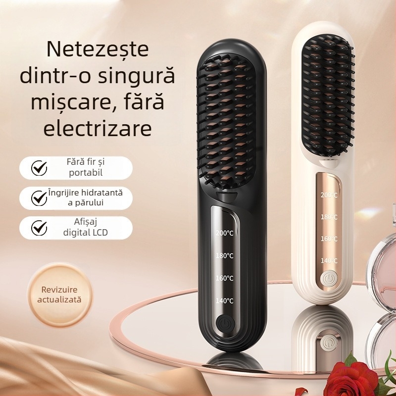 Pieptene fără fir cu ioni negativi pentru îndreptare și bucle, mini dispozitiv portabil de îngrijire a părului uscat