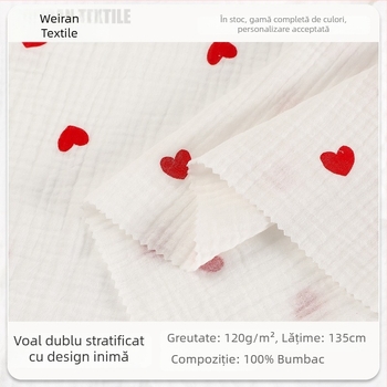 100% bumbac cu imprimeu inimă, tifon dublu strat crepe, țesătură spălată cu bule pentru bebeluși și haine de casă