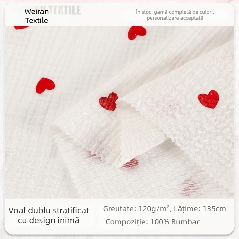 100% bumbac cu imprimeu inimă, tifon dublu strat crepe, țesătură spălată cu bule pentru bebeluși și haine de casă