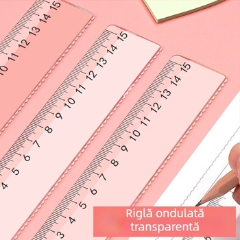 Riglă transparentă pentru elevi cu model ondulat, 15 cm și 20 cm, din plastic, pentru clasa I – măsurare și desen