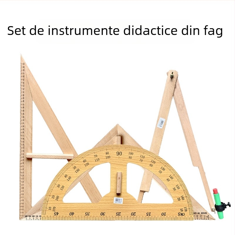 Set educațional din lemn: riglă triunghiulară mare, unghiometru și compas