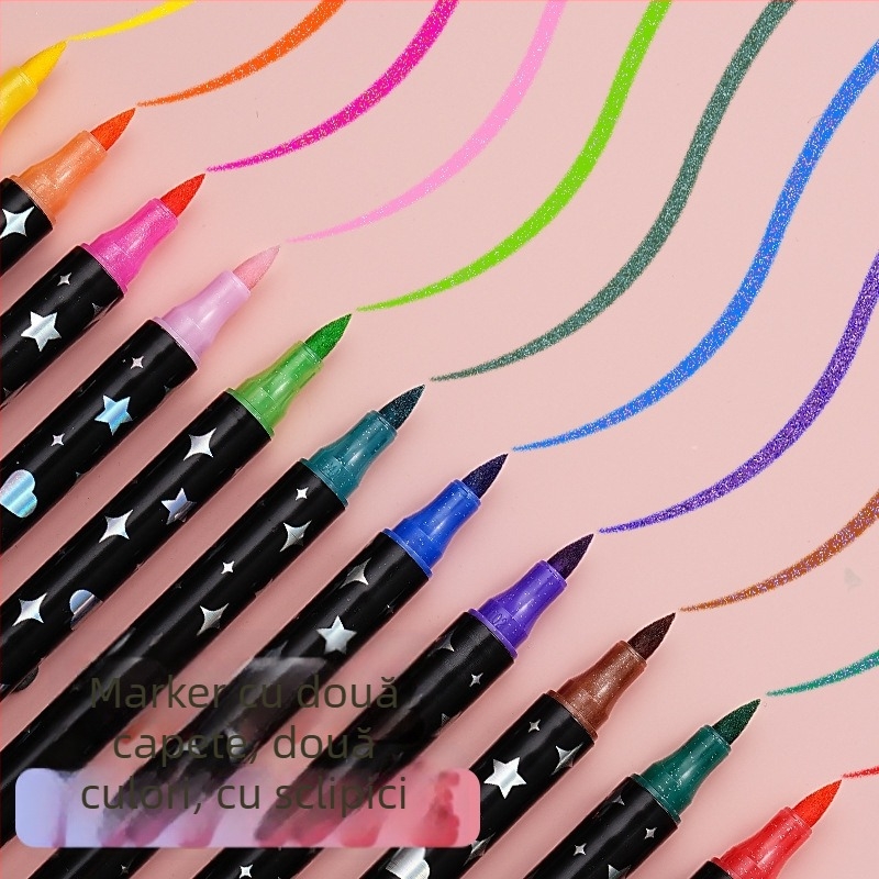 Set de markere glitter cu două capete și două culori pentru artă, desen și graffiti – markere acuarelă